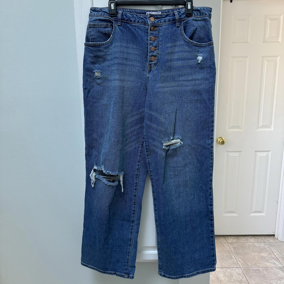SO Women's Wide Leg High Rise Button Fly Blue Jeans - Size 15/32 Distressed - Picture 1 of 8